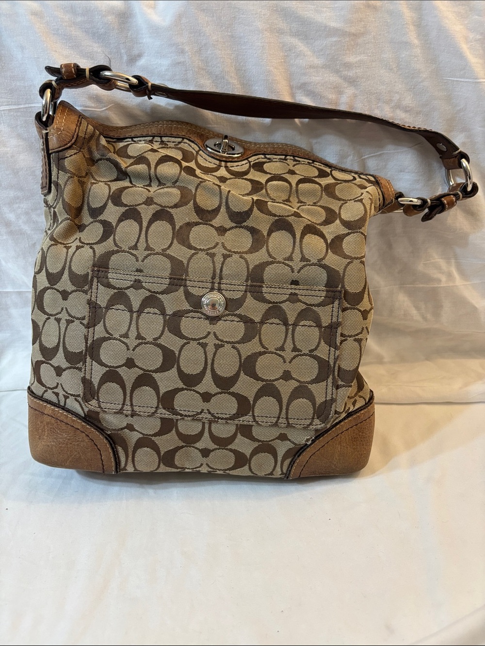 Coach Beige and Brown Signature Canvas Shoulder Bag designer, classic read